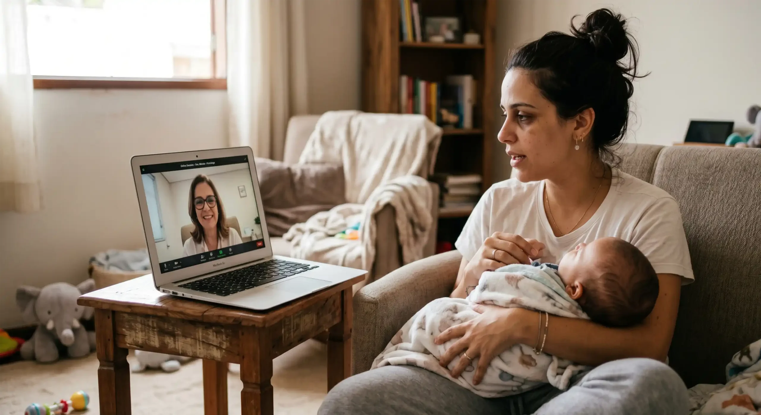 Psic&oacute;loga cl&iacute;nica prestando apoio psicol&oacute;gico na maternidade para m&atilde;e em consulta online, focando no al&iacute;vio da culpa e n&eacute;voa mental