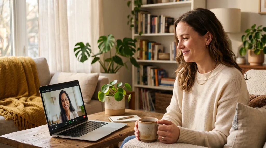 Mulher sorrindo levemente e segurando uma xícara em frente ao notebook durante uma sessão de psicoterapia online, representando o tratamento para a ansiedade.